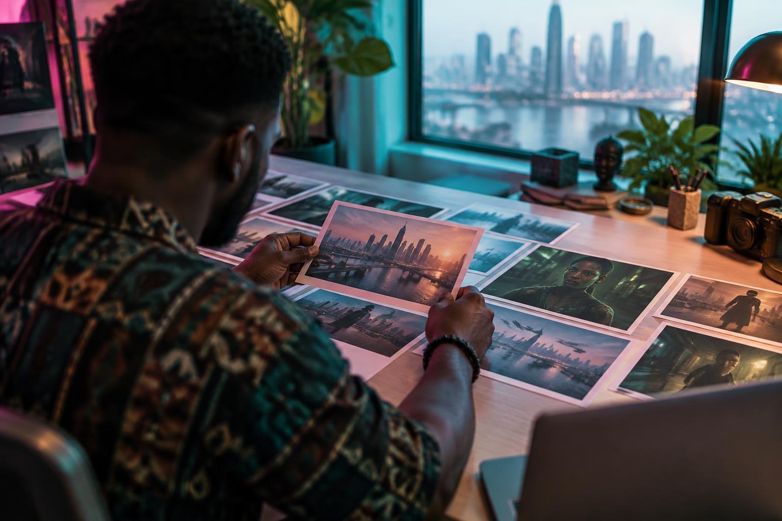 AI-generated editorial illustration of a Nigerian filmmaker arranging cinematic storyboard images