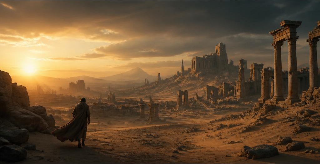 Cinematic desert ruin trailer frame at golden hour