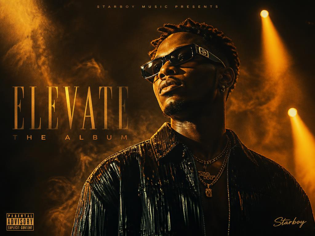 Afrobeats artist album cover visual with amber stage lighting