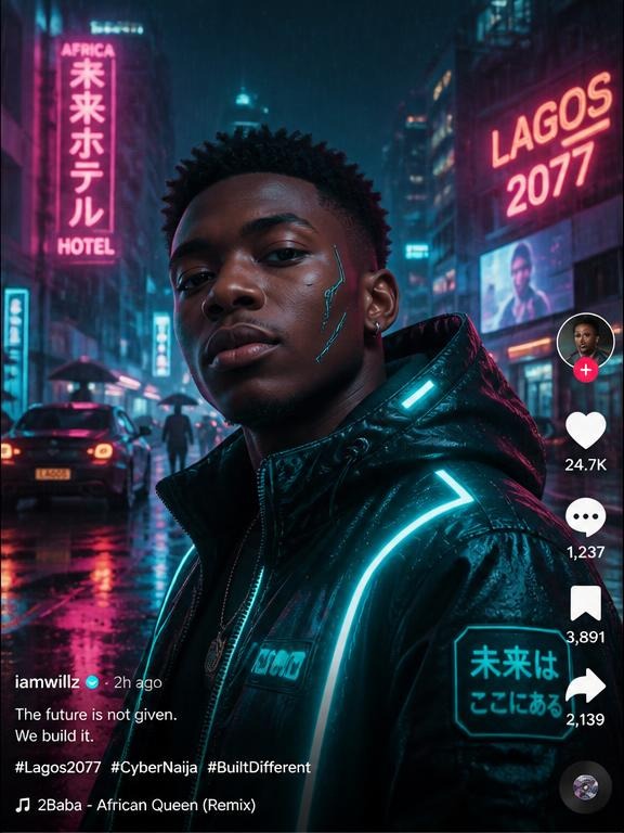 Creator restyled as a cyberpunk character in a vertical short-form video still